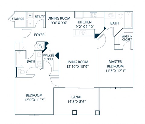 Floor plan for 2 beds, 2 baths, 1045 sqft